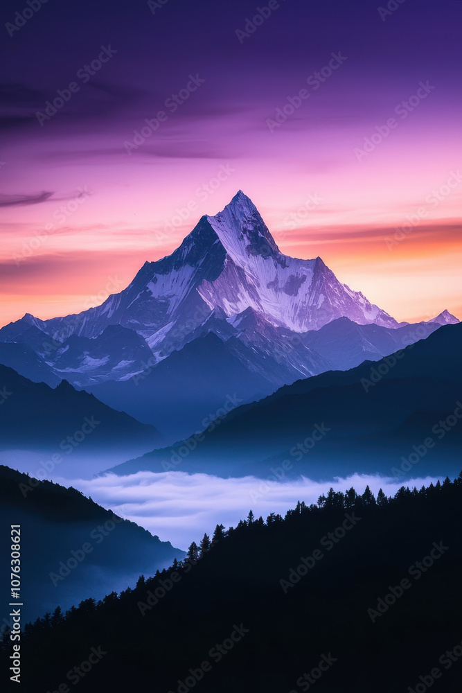 Breathtaking Mountain Peak at Sunrise with Mist-Filled Valley Breathtaking Mountain Peak at Sunrise with Mist-Filled Valley