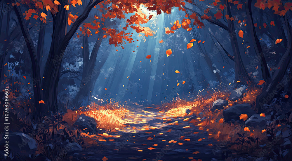 Naklejka premium Mystical Forest in Digital Art Style with an Autumn Trail of Leaves