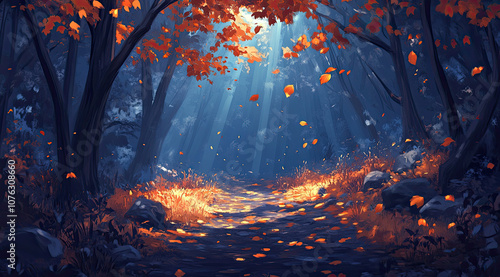 Mystical Forest in Digital Art Style with an Autumn Trail of Leaves