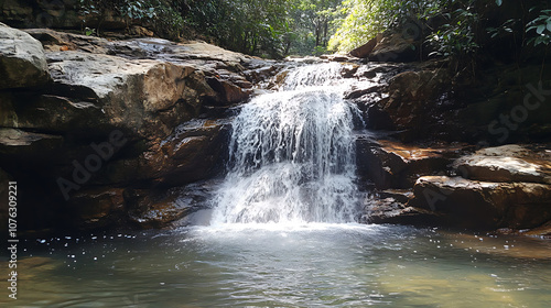 A tranquil waterfall tucked into a canyon, with water gently flowing over smooth rocks, a hidden gem among local nature lovers 