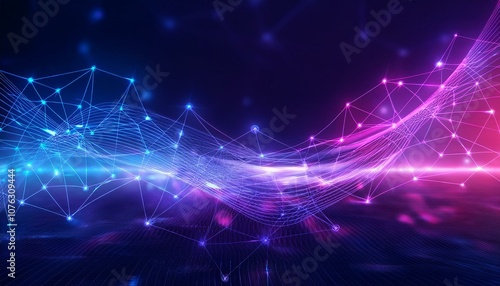 An abstract background showcasing dynamic network connection with neon blue and purple 