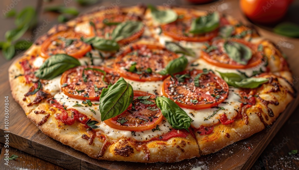 Close-up of a Margherita Pizza with Fresh Basil and Tomato Slices Close-up of a Margherita Pizza with Fresh Basil and Tomato Slices
