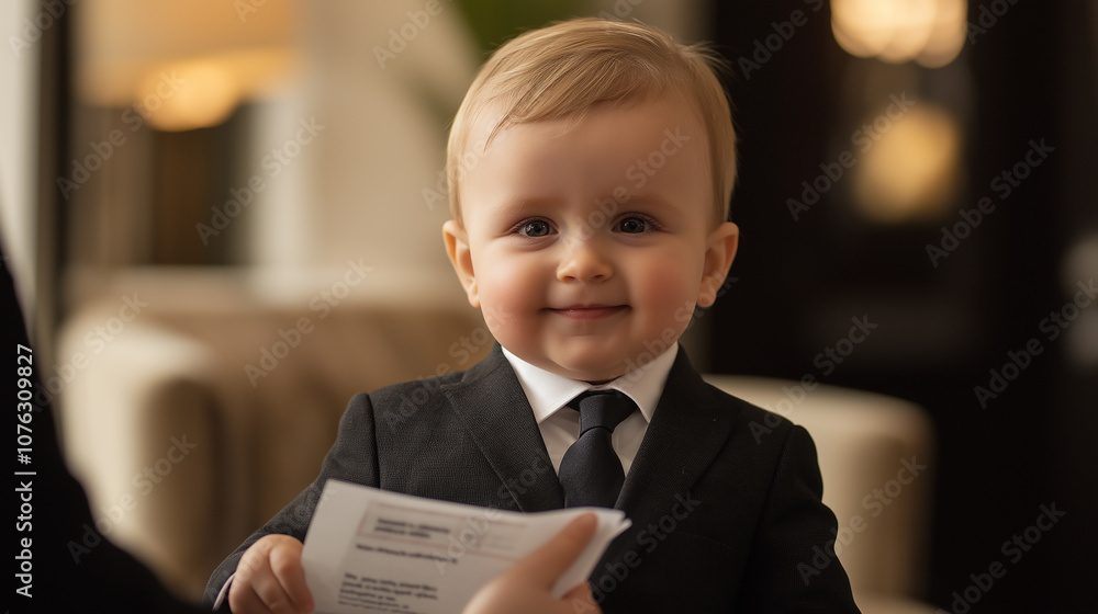Baby in executive suit, handing out 'reports' to parents, humorous moment Baby in executive suit, handing out 'reports' to parents, humorous moment