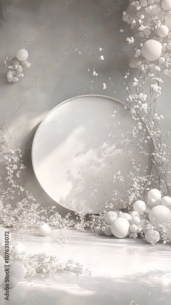 A minimalist scene with white spheres, flowers, and a round, white platform against a light gray background. A minimalist scene with white spheres, flowers, and a round, white platform against a light gray background.