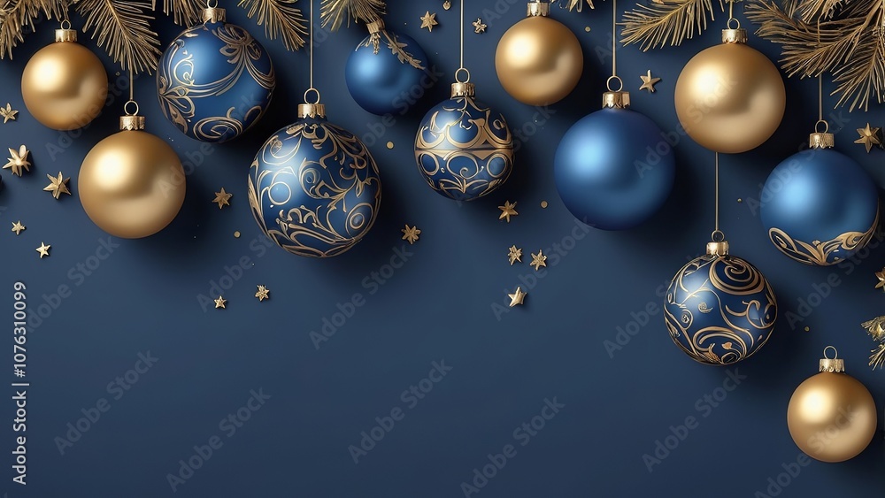 Matte Christmas background with blue and gold ornaments and festive decor Matte Christmas background with blue and gold ornaments and festive decor