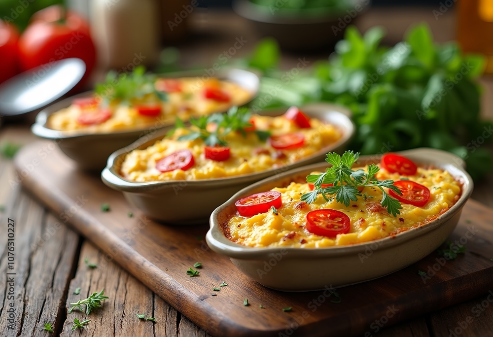 Endive Gratin.Delicious casserole, homely mood, served in dishes, rustic background, copy space