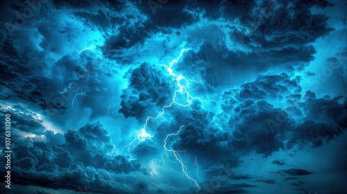 Lightning strikes illuminate a turbulent blue sky background