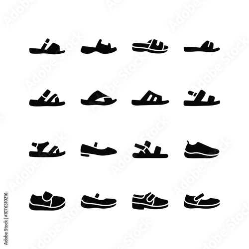 A collection of simple icons depicting various styles of summer footwear, including sandals, slides, and Mary Janes.
