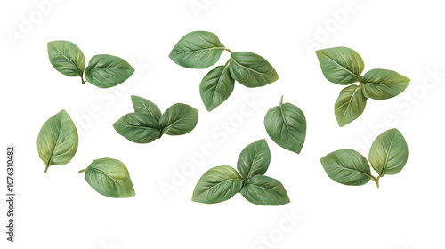 Set of green fresh basil leaves isolated on transparent background