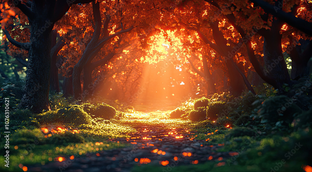 Enchanted Forest Path with Glowing Orange Leaves in a Magical Autumn Scene Enchanted Forest Path with Glowing Orange Leaves in a Magical Autumn Scene