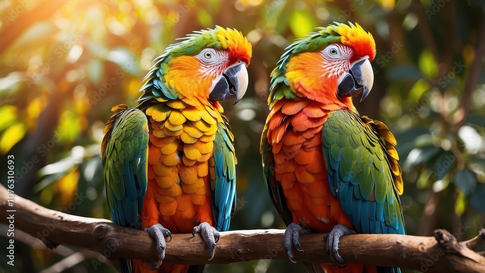 A vibrant and colorful close up of two parrots perched on a branch, their feathers glistening in the sunlight. A vibrant and colorful close up of two parrots perched on a branch, their feathers glistening in the sunlight.