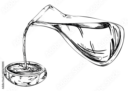 Japanese food for sushi sashimi, soy sauce teriyaki mirin unagi in glass jar pouring into ceramic bowl, splash hand drawn in vector pen, ink. Illustration restaurant, cafe menu, kitchen, recipe book