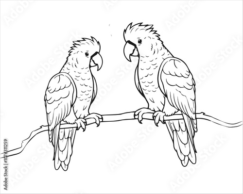  Two parrots sitting on branch for coloring page and comics Black and white , vector illustration design.  