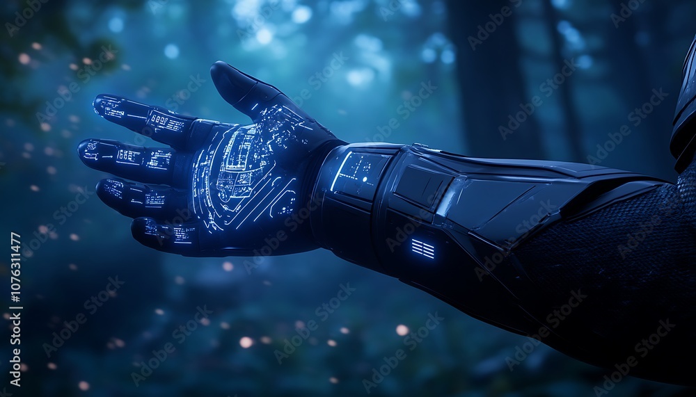 A futuristic arm wearing a glowing, technologically advanced glove extends into a misty, enchanting forest setting. A futuristic arm wearing a glowing, technologically advanced glove extends into a misty, enchanting forest setting.