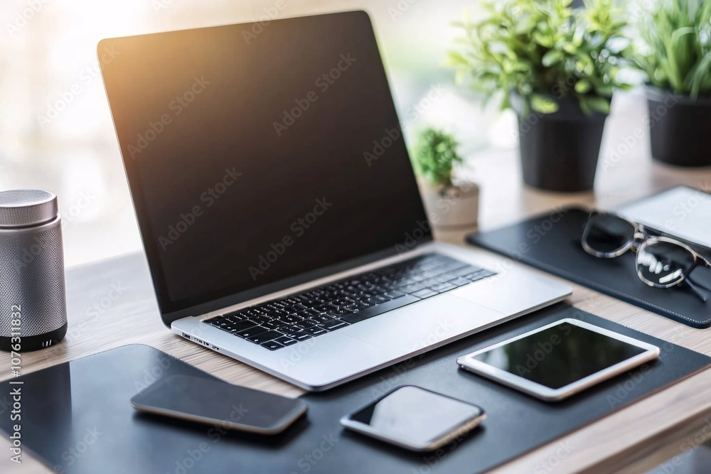 Modern Minimalist Workspace with Laptop, Tablet, and Smartphone Modern Minimalist Workspace with Laptop, Tablet, and Smartphone