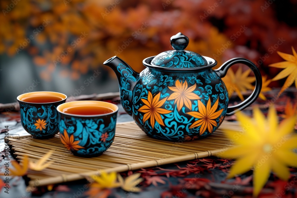 3D-rendered traditional Japanese tea set with teapot, cups, and a bamboo mat, in vibrant digital colors 3D-rendered traditional Japanese tea set with teapot, cups, and a bamboo mat, in vibrant digital colors