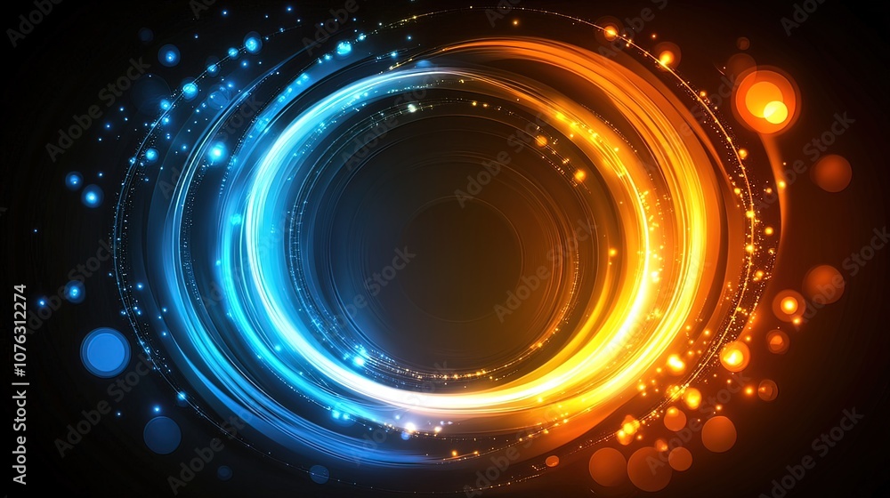 Abstract glowing blue and orange circle with sparks and bokeh. Abstract glowing blue and orange circle with sparks and bokeh.