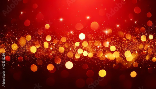 Abstract blurred bokeh warm lights on red background - festive Christmas and new year holiday template with glittering defocused stars and sparkling