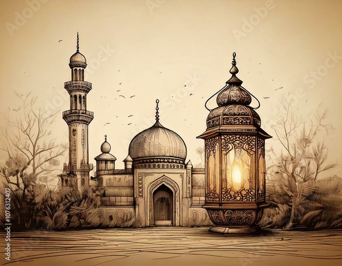 Hand drawn lantern and mosque on old style brown paper background