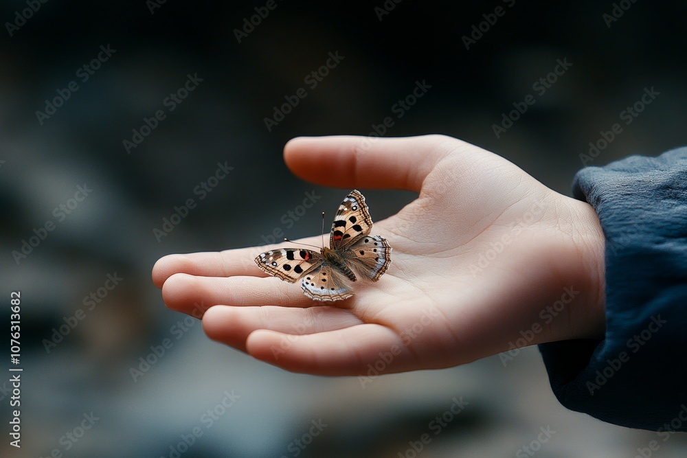 A hand gently holding a butterfly, capturing the beauty of nature and fragility A hand gently holding a butterfly, capturing the beauty of nature and fragility
