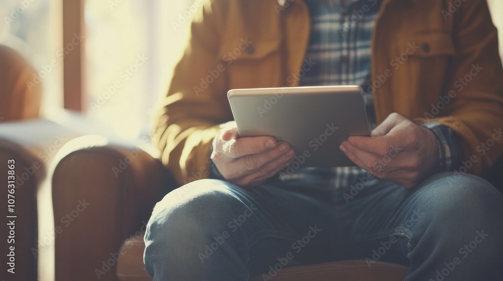 Man using a tablet in a chair Man using a tablet in a chair
