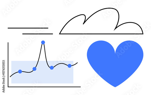 Graphs blue heart and cloud symbolize data analysis technology trends health connection innovation. Ideal for tech, wellness, big data, cloud services, healthcare, research, analytics. Line photo