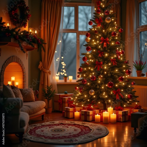 christmas tree with candles and gifts