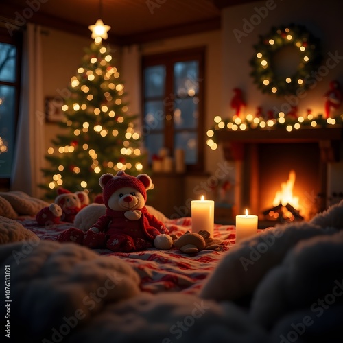 christmas scene with fireplace and christmas tree
