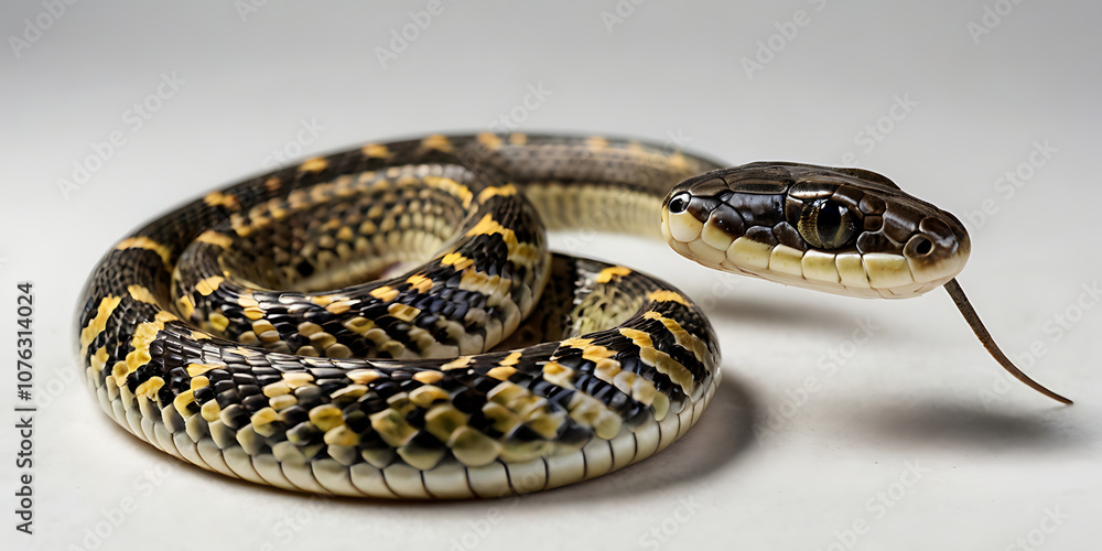 Naklejka premium a coiled snake with various unique patterns and types, lying on a white background. Realistic view. created with generative AI