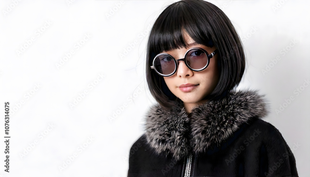 冬服を着た大きい丸いサングラスの日本人の女の子