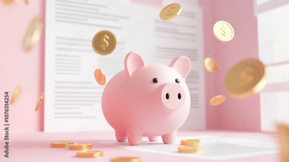 Piggy Bank Savings Concept with Gold Coins and Documents Piggy Bank Savings Concept with Gold Coins and Documents