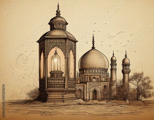 Hand drawn lantern and mosque on old style brown paper background