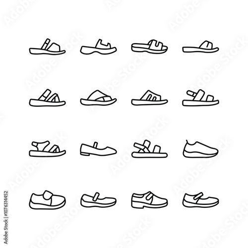 A collection of simple icons depicting various styles of summer footwear, including sandals, slides, and Mary Janes.