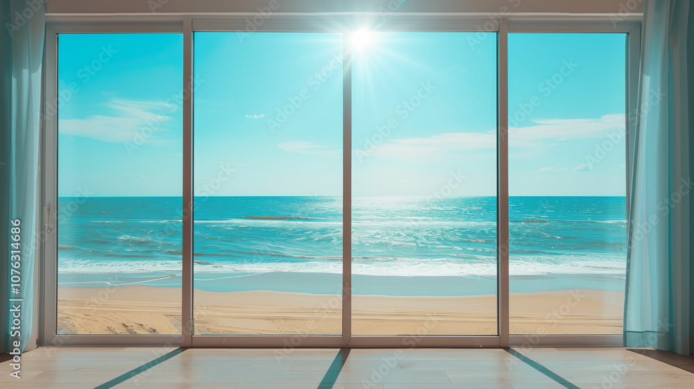 Fototapeta premium Bright sunlight streaming through large windows offers a stunning view of the ocean and sandy beach at midday