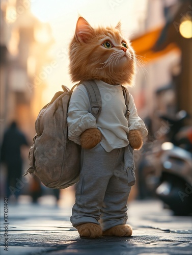 Cat Student with Backpack on a City Street