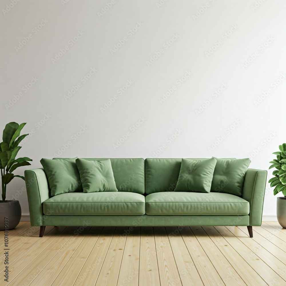 Mockup of a living room with white wall with green sofa and decor, 1980s interior design, copyspace Mockup of a living room with white wall with green sofa and decor, 1980s interior design, copyspace