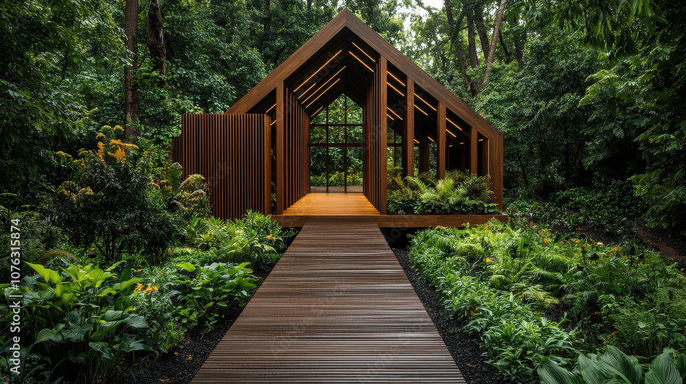 modern timber structure nestled in lush forest, surrounded by vibrant greenery and wooden pathway leading to entrance, creating serene atmosphere modern timber structure nestled in lush forest, surrounded by vibrant greenery and wooden pathway leading to entrance, creating serene atmosphere
