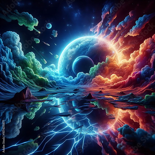 Earth Background, Colorful Landscape with Neon Lights, Bright and Tranquil Nature, for Home Decor, YouTube Thumbnail, Design, Music Cover Art, 4K Wallpaper