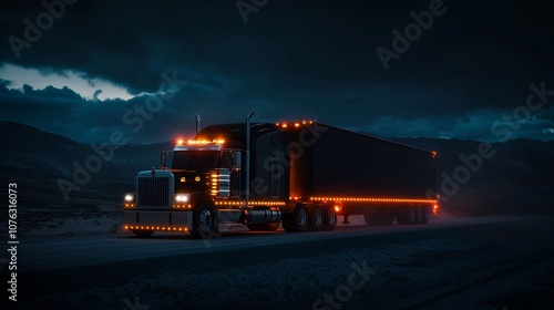 Powerful Semi Truck Illuminating the Night with Glowing Headlights and Neon Underglow photo