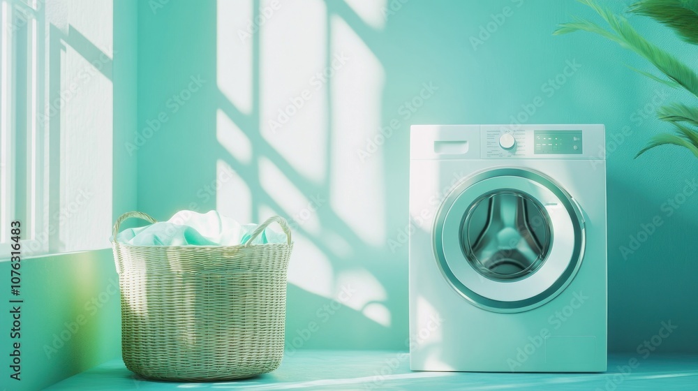 A white washing machine is in front of a basket of white clothes A white washing machine is in front of a basket of white clothes