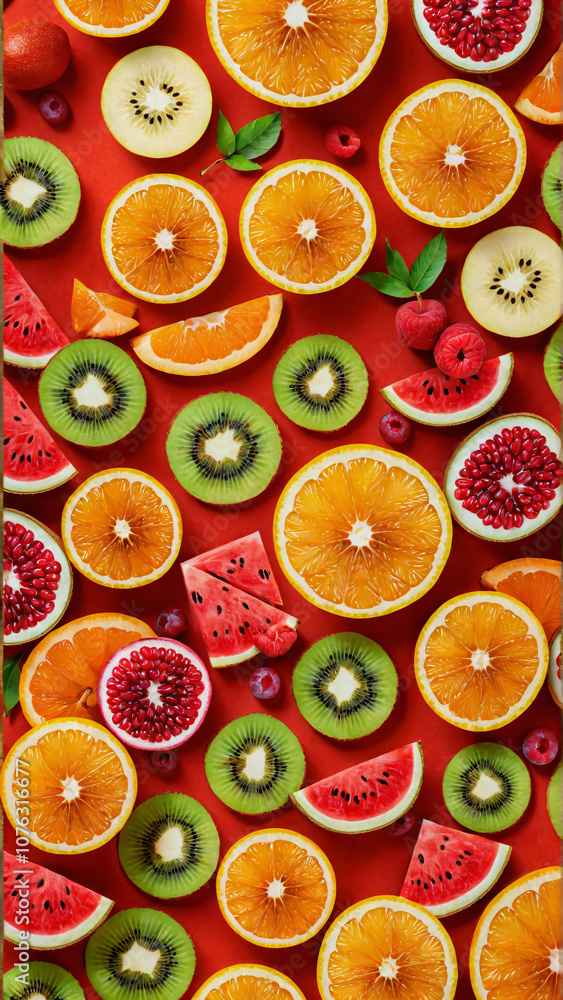 Fresh and Colorful Fruit Pattern with Sliced Citrus and Kiwi on Red Background Fresh and Colorful Fruit Pattern with Sliced Citrus and Kiwi on Red Background