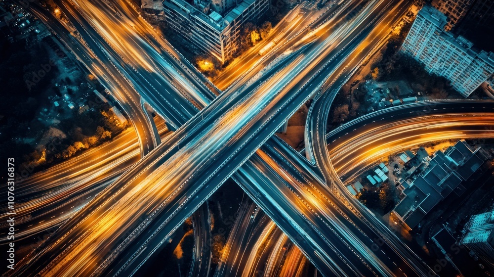 Aerial View of a Complex Interchange at Night Aerial View of a Complex Interchange at Night