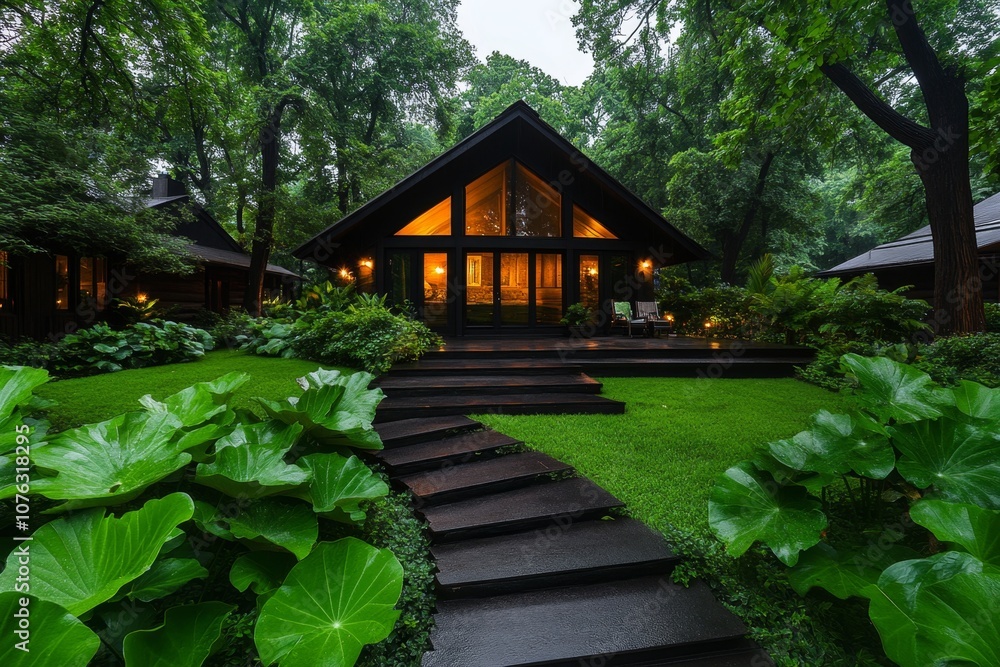Fantasy-inspired woodland home with a cozy cabin surrounded by lush greenery and magical glowing lights Fantasy-inspired woodland home with a cozy cabin surrounded by lush greenery and magical glowing lights