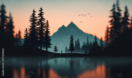 Serene Mountain Landscape at Sunset with Reflective Lake and Silhouetted Pines photo