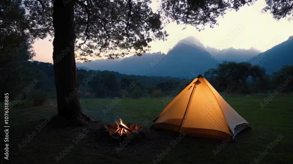 Lighted Tent in a Campsite at Dusk with Mountain Views Lighted Tent in a Campsite at Dusk with Mountain Views
