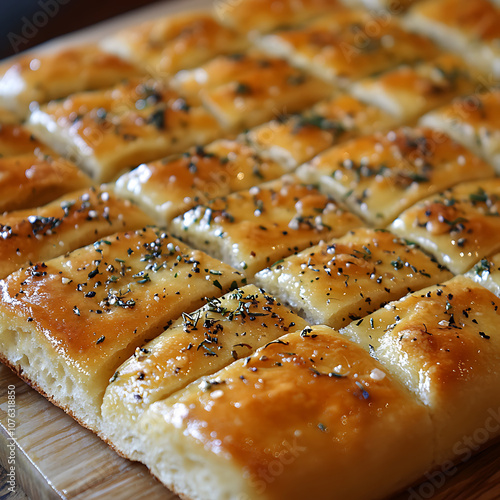 Freshly baked focaccia bread, golden and topped with herbs, sliced into squares. soft texture and aromatic herbs create delightful culinary experience photo