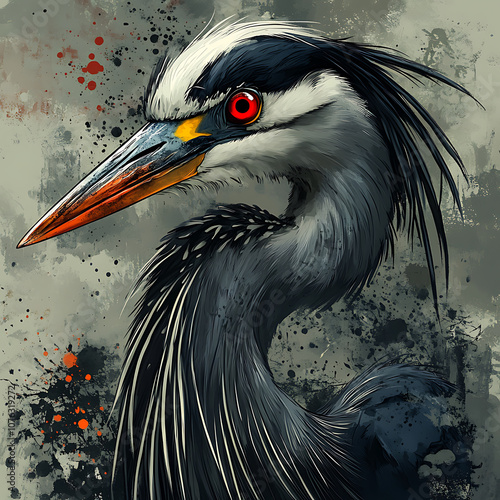 striking grey heron portrait with intense red eyes, set against dark, splattered background. artwork captures dramatic and eerie atmosphere photo