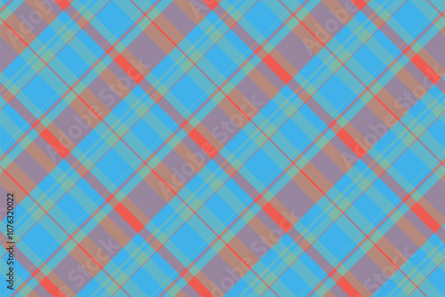 Quilt plaid tartan vector, christmas ornament check textile pattern. Aesthetic fabric texture background seamless in cyan and red colors.