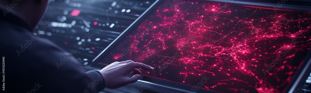 A person interacts with a high-tech screen displaying a network of vibrant red connections, suggesting advanced technology and data visualization. A person interacts with a high-tech screen displaying a network of vibrant red connections, suggesting advanced technology and data visualization.