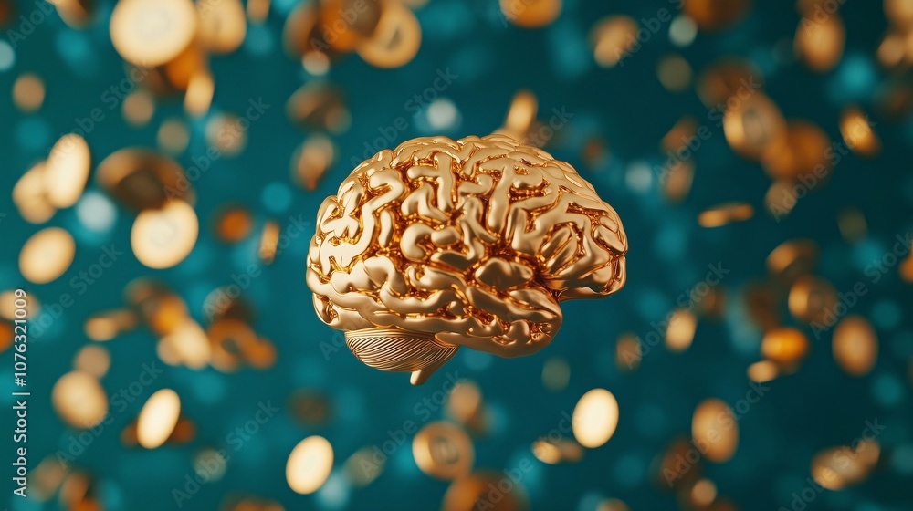 Success mindset, golden brain and floating money, dollar coin, motivation theme, 3D illustration Success mindset, golden brain and floating money, dollar coin, motivation theme, 3D illustration